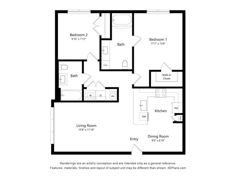 Floor plan for 2 beds, 2 baths, 1023 sqft